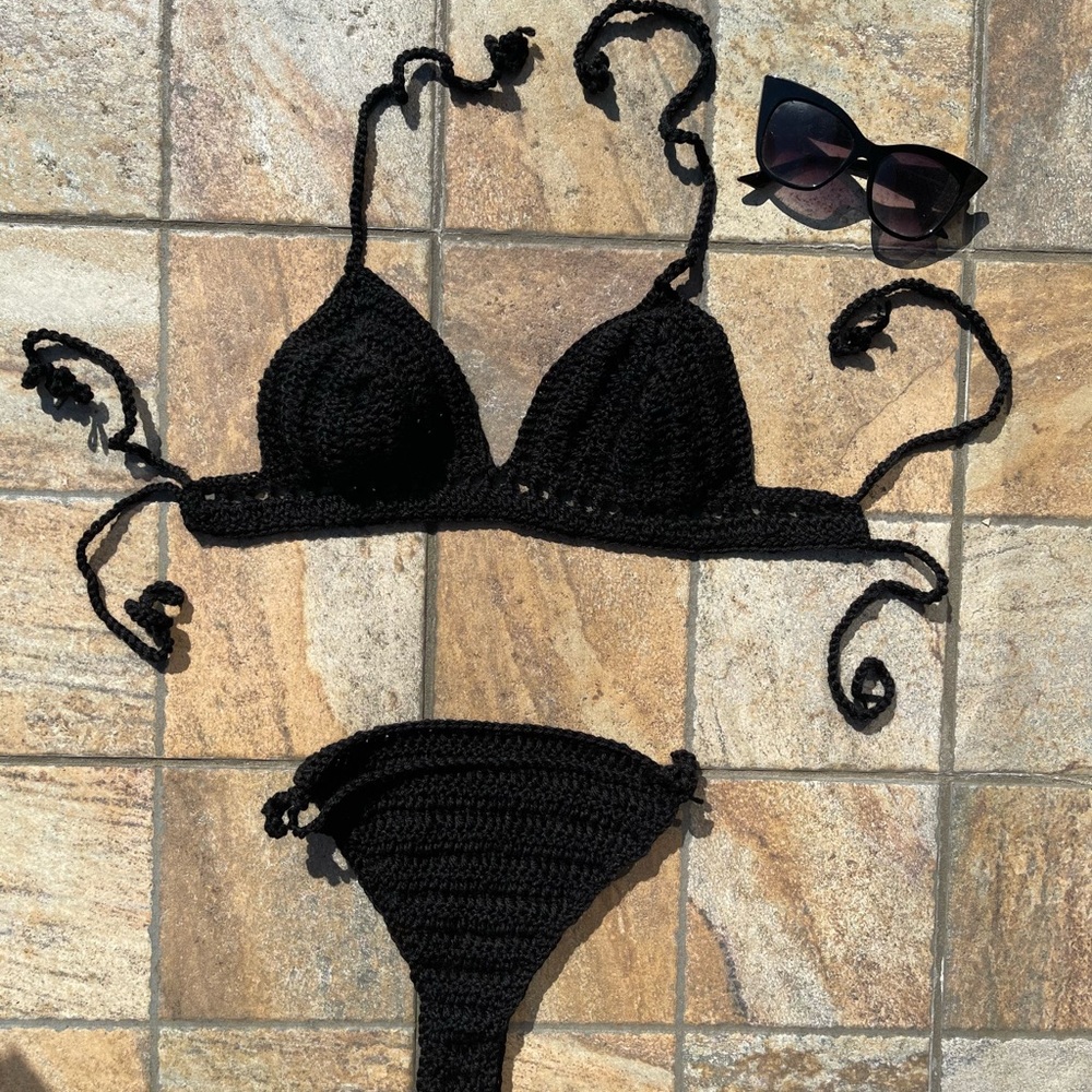 Handmade Black Crochet Two-Piece Bikini Set | Adjustable Swimwear | Beachwear